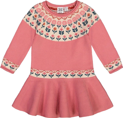 Deux par Deux Knit Dress with Round Intarsia Flowers - Little Girl