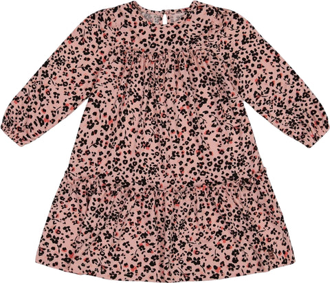 Deux par Deux Printed Leopard Flowers Long Sleeve Dress with Frills - Big Girl