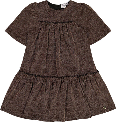 Deux par Deux Short Sleeve Metallic Dress with Frills - Little Girl