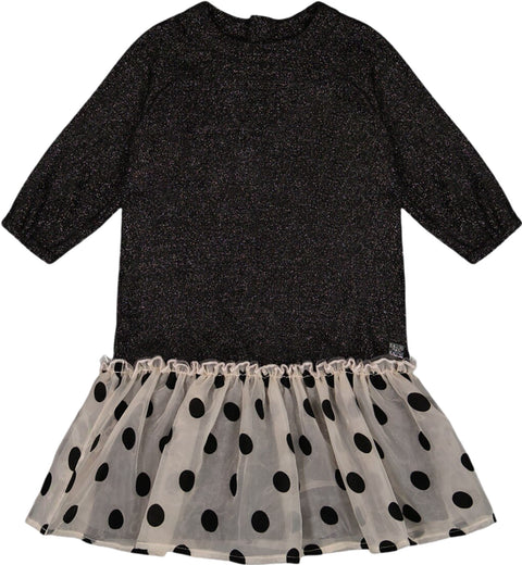 Deux par Deux Bi-Material Shimmering Long Sleeve Dress with Frill - Little Girl