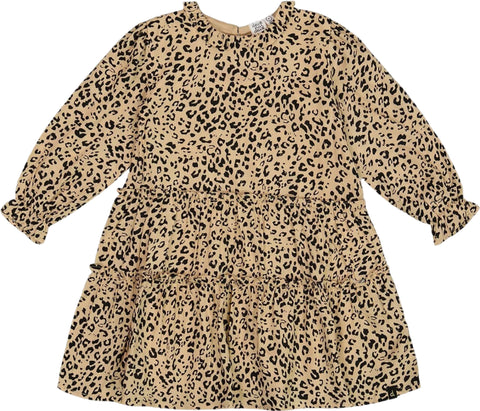 Deux par Deux Printed Leopard Long Sleeve Viscose Dress with Frill - Big Girl