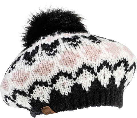 Harricana Chunky Ski Knit Beret Hat With Upcycled Fur Pom - Women's